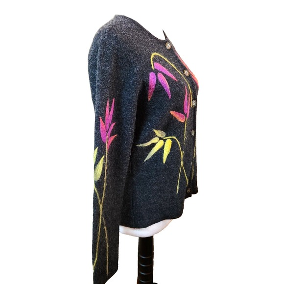 Vtg Talbots Womens Cardigan Sweater Sz Small Charcoal Gray Wool & Felt Leaf Top - Picture 4 of 16